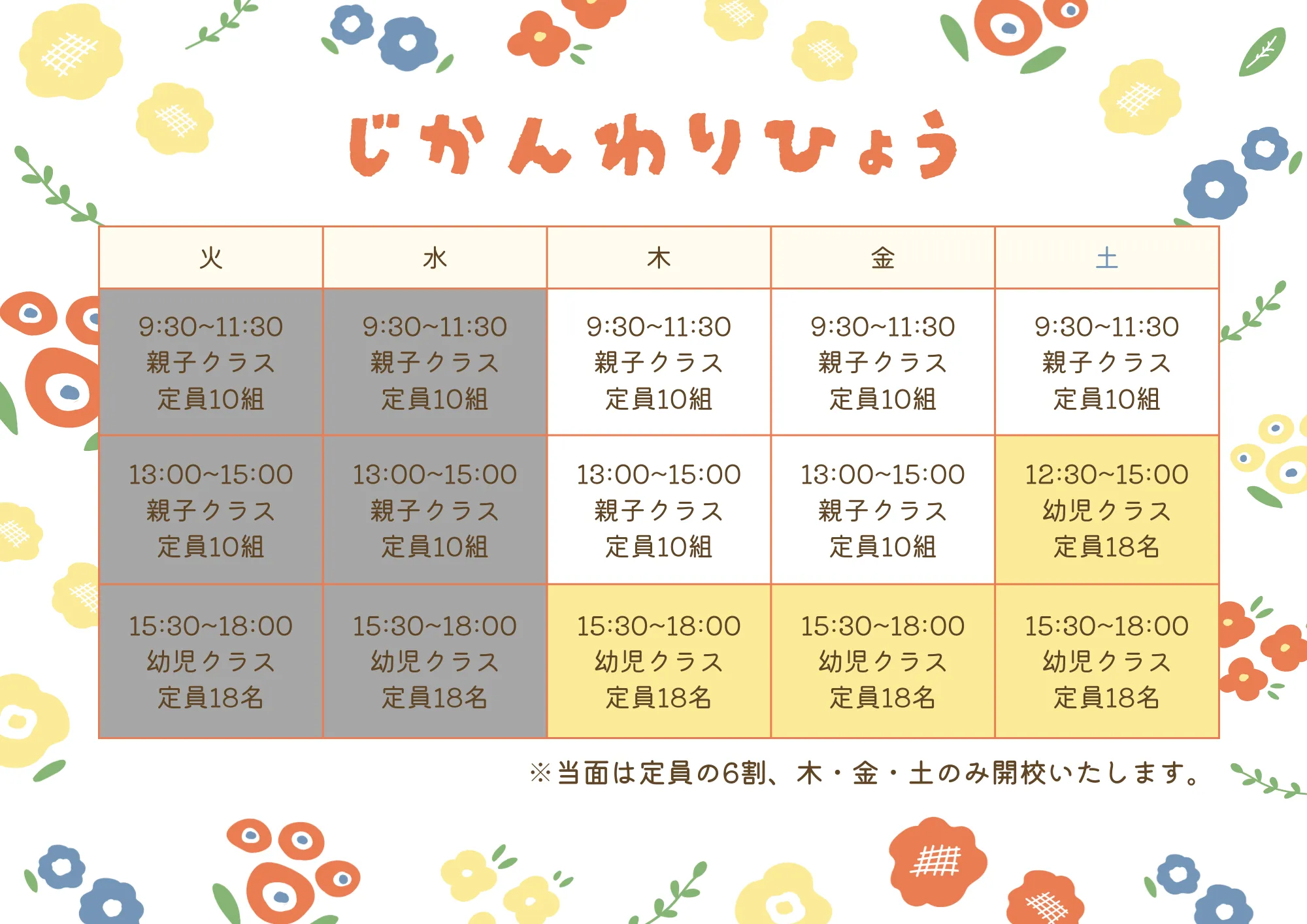 泉佐野 上之郷の幼児教室 ひらめきのいえの時間割表